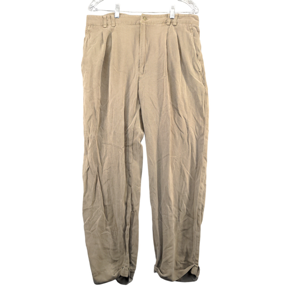 AXIS LA Men's Straight Leg Chino Pants Tan 36 Pleated Front Cuffed Hem Silk